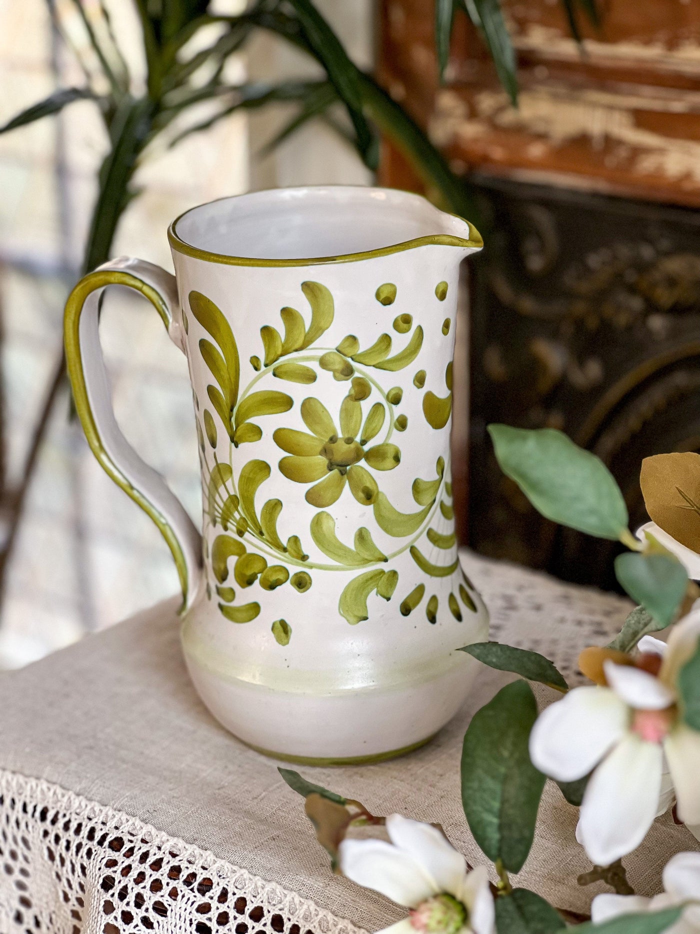 HANDPAINTED LEAVES ITALIAN PITCHER Revive In Style Vintage Furniture Painted Refinished Redesign Beautiful One of a Kind Artistic Antique Unique Home Decor Interior Design French Country Shabby Chic Cottage Farmhouse Grandmillenial Coastal Chalk Paint Metallic Glam Eclectic Quality Dovetailed Rustic Furniture Painter Pinterest Bedroom Living Room Entryway Kitchen Home Trends House Styles Decorating ideas