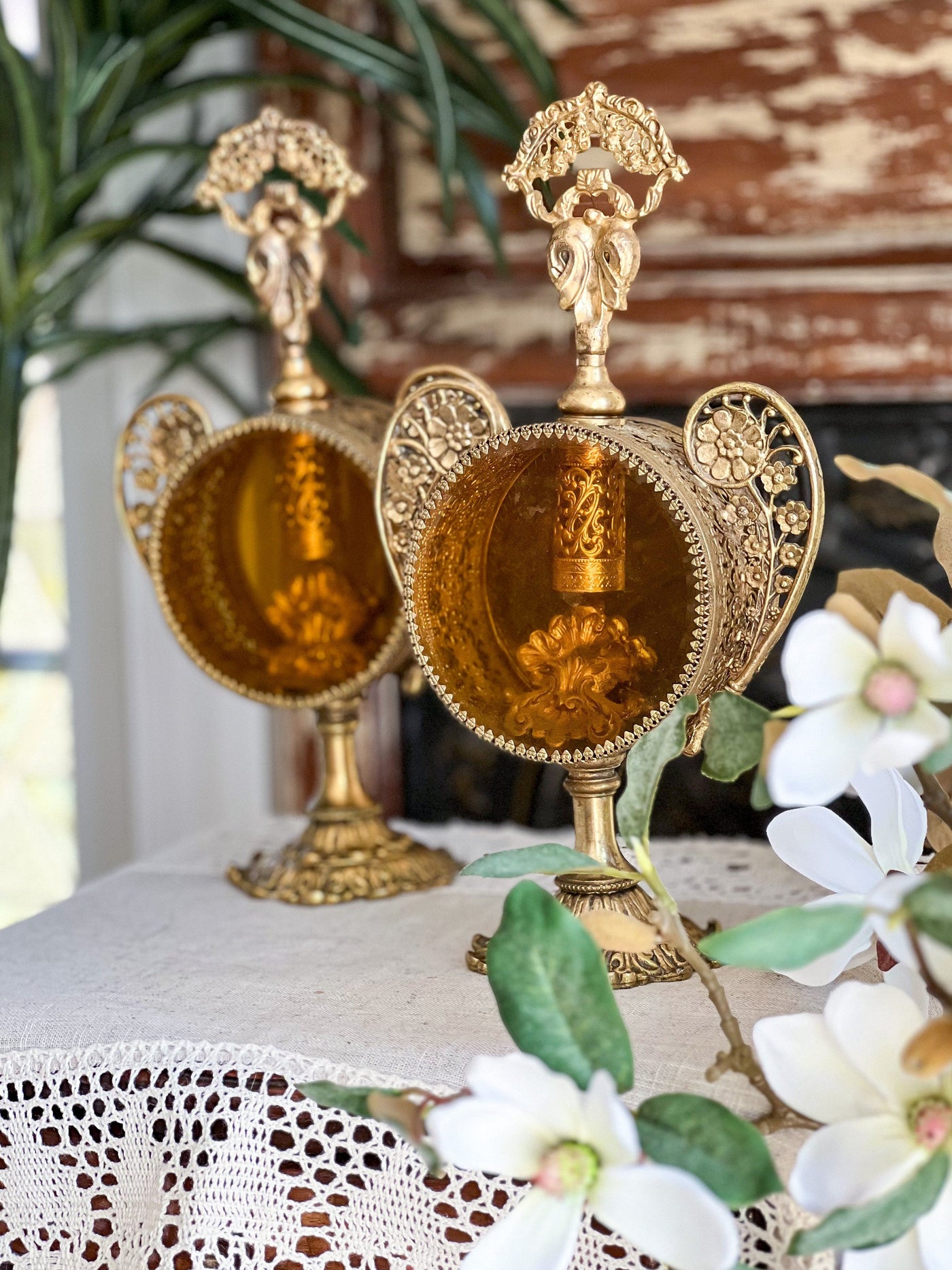 HOLLYWOOD REGENCY ORNATE GOLD ORMOLU PERFUME BOTTLES - SET OF 2 Revive In Style Vintage Furniture Painted Refinished Redesign Beautiful One of a Kind Artistic Antique Unique Home Decor Interior Design French Country Shabby Chic Cottage Farmhouse Grandmillenial Coastal Chalk Paint Metallic Glam Eclectic Quality Dovetailed Rustic Furniture Painter Pinterest Bedroom Living Room Entryway Kitchen Home Trends House Styles Decorating ideas