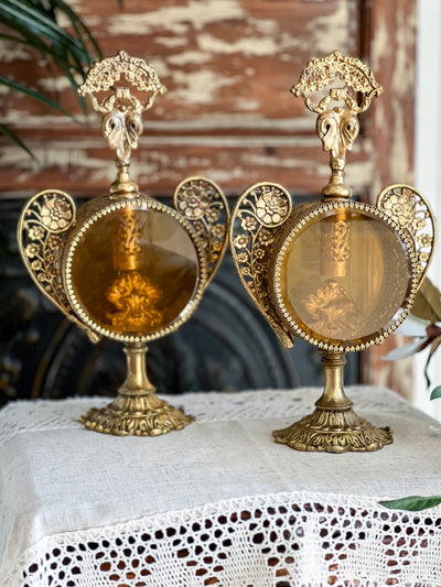 HOLLYWOOD REGENCY ORNATE GOLD ORMOLU PERFUME BOTTLES - SET OF 2 Revive In Style Vintage Furniture Painted Refinished Redesign Beautiful One of a Kind Artistic Antique Unique Home Decor Interior Design French Country Shabby Chic Cottage Farmhouse Grandmillenial Coastal Chalk Paint Metallic Glam Eclectic Quality Dovetailed Rustic Furniture Painter Pinterest Bedroom Living Room Entryway Kitchen Home Trends House Styles Decorating ideas