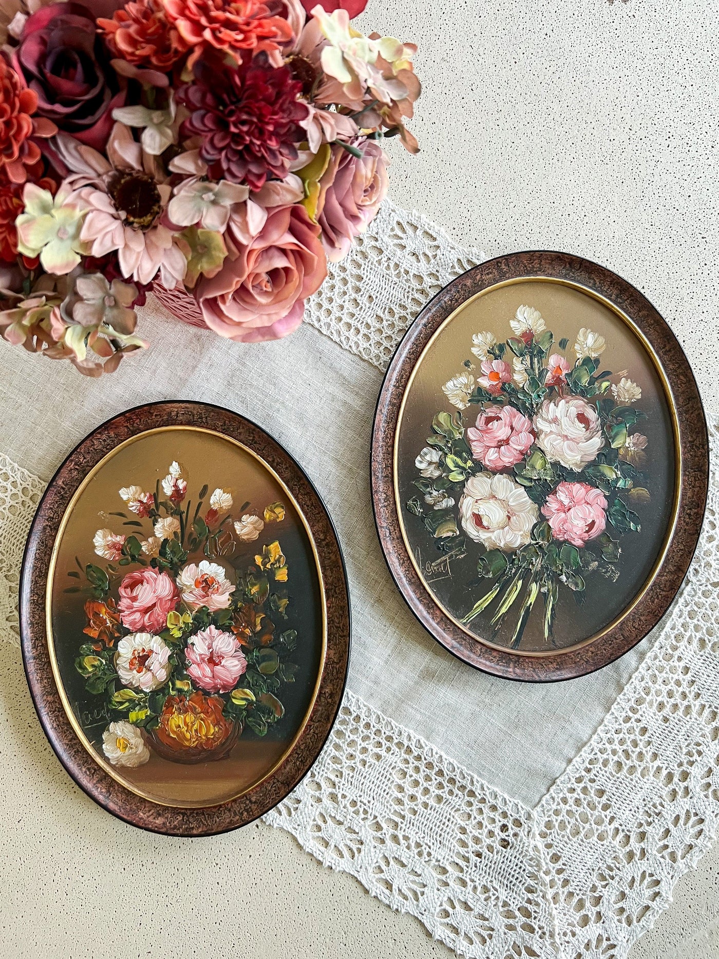 Pair of Vintage Oval Floral Framed Wall Art Revive In Style Vintage Furniture Painted Refinished Redesign Beautiful One of a Kind Artistic Antique Unique Home Decor Interior Design French Country Shabby Chic Cottage Farmhouse Grandmillenial Coastal Chalk Paint Metallic Glam Eclectic Quality Dovetailed Rustic Furniture Painter Pinterest Bedroom Living Room Entryway Kitchen Home Trends House Styles Decorating ideas