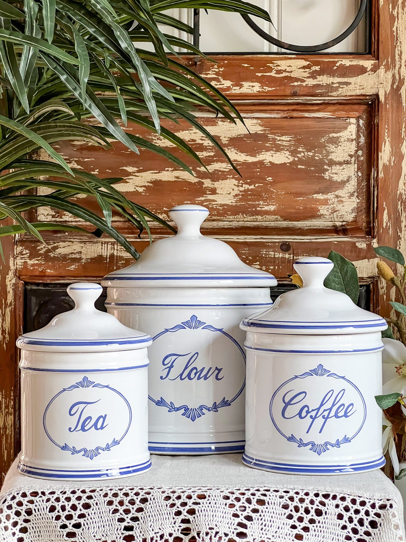 Portugal Blue & White Vintage Canister Set by Fapodel (3 piece set) Revive In Style Vintage Furniture Painted Refinished Redesign Beautiful One of a Kind Artistic Antique Unique Home Decor Interior Design French Country Shabby Chic Cottage Farmhouse Grandmillenial Coastal Chalk Paint Metallic Glam Eclectic Quality Dovetailed Rustic Furniture Painter Pinterest Bedroom Living Room Entryway Kitchen Home Trends House Styles Decorating ideas