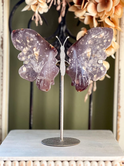 PURPLE CHALCEDONY BUTTERFLY WINGS ON SHIMMERY STAND Revive In Style Vintage Furniture Painted Refinished Redesign Beautiful One of a Kind Artistic Antique Unique Home Decor Interior Design French Country Shabby Chic Cottage Farmhouse Grandmillenial Coastal Chalk Paint Metallic Glam Eclectic Quality Dovetailed Rustic Furniture Painter Pinterest Bedroom Living Room Entryway Kitchen Home Trends House Styles Decorating ideas