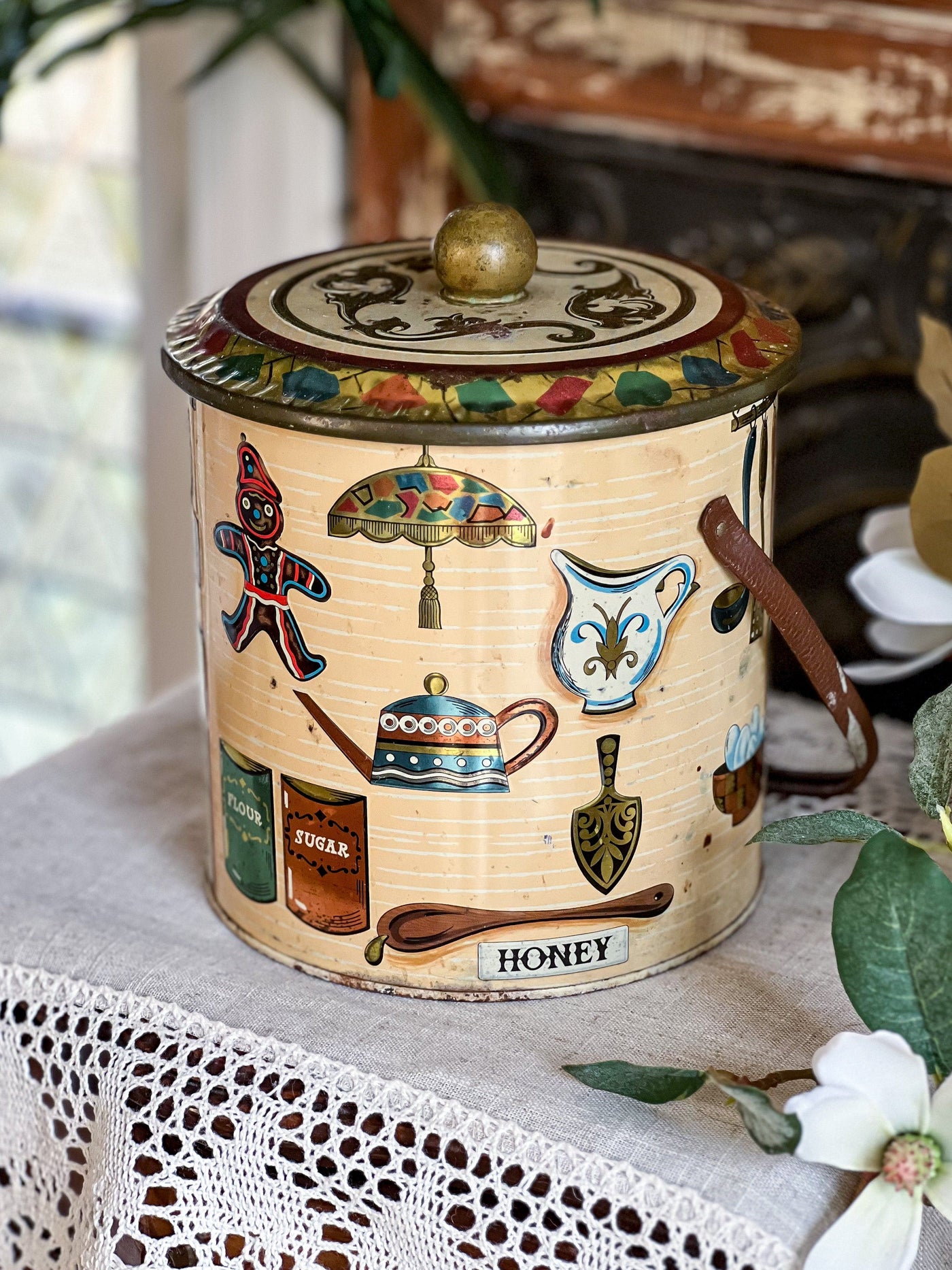 Somerset Vintage Biscuit Barrel Tin from England (1960's) Revive In Style Vintage Furniture Painted Refinished Redesign Beautiful One of a Kind Artistic Antique Unique Home Decor Interior Design French Country Shabby Chic Cottage Farmhouse Grandmillenial Coastal Chalk Paint Metallic Glam Eclectic Quality Dovetailed Rustic Furniture Painter Pinterest Bedroom Living Room Entryway Kitchen Home Trends House Styles Decorating ideas