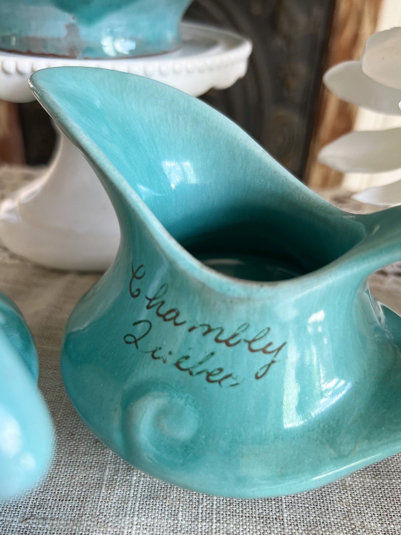 Turquoise Vintage Evangeline Canada Pottery Tea Set (1960's) Revive In Style Vintage Furniture Painted Refinished Redesign Beautiful One of a Kind Artistic Antique Unique Home Decor Interior Design French Country Shabby Chic Cottage Farmhouse Grandmillenial Coastal Chalk Paint Metallic Glam Eclectic Quality Dovetailed Rustic Furniture Painter Pinterest Bedroom Living Room Entryway Kitchen Home Trends House Styles Decorating ideas
