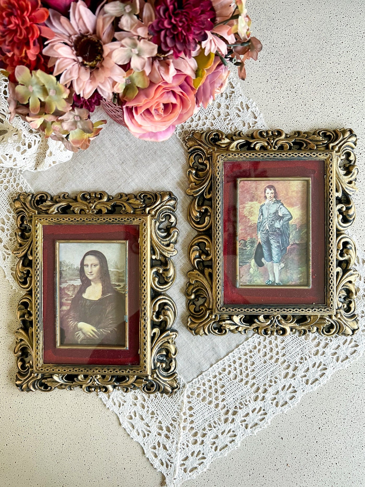 Vintage Gilded Mona Lisa & Blue Boy Framed Pictures Set with Red Velvet Matte Revive In Style Vintage Furniture Painted Refinished Redesign Beautiful One of a Kind Artistic Antique Unique Home Decor Interior Design French Country Shabby Chic Cottage Farmhouse Grandmillenial Coastal Chalk Paint Metallic Glam Eclectic Quality Dovetailed Rustic Furniture Painter Pinterest Bedroom Living Room Entryway Kitchen Home Trends House Styles Decorating ideas